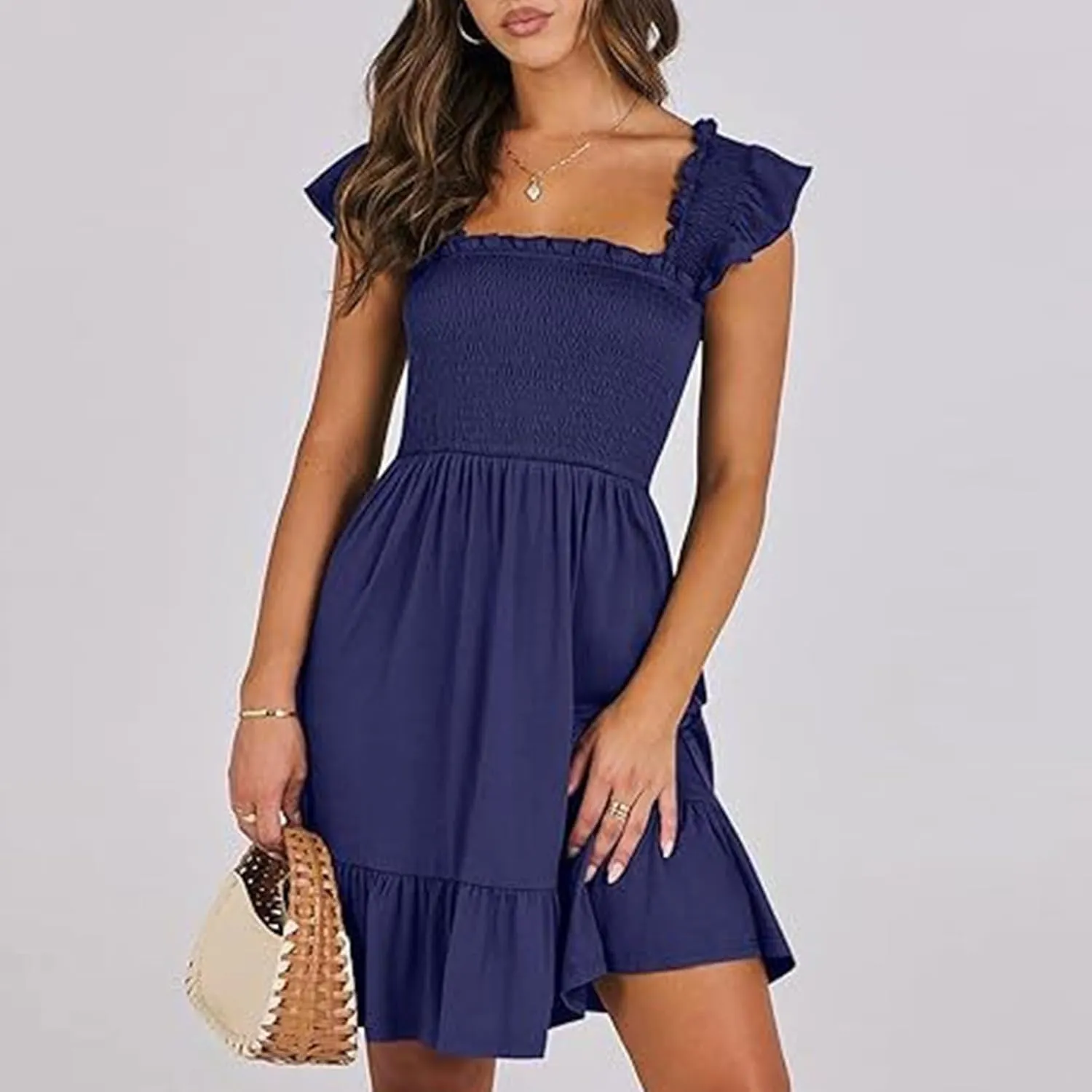 PTOLOCIF Womens Summer Casual Sleeveless Square Neck Smocked Ruffle Backless Boho Short Mini Casual Fall Work Dresses for