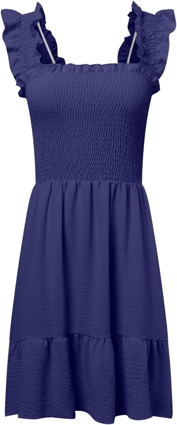 PTOLOCIF Womens Summer Casual Sleeveless Square Neck Smocked Ruffle Backless Boho Short Mini Casual Fall Work Dresses for