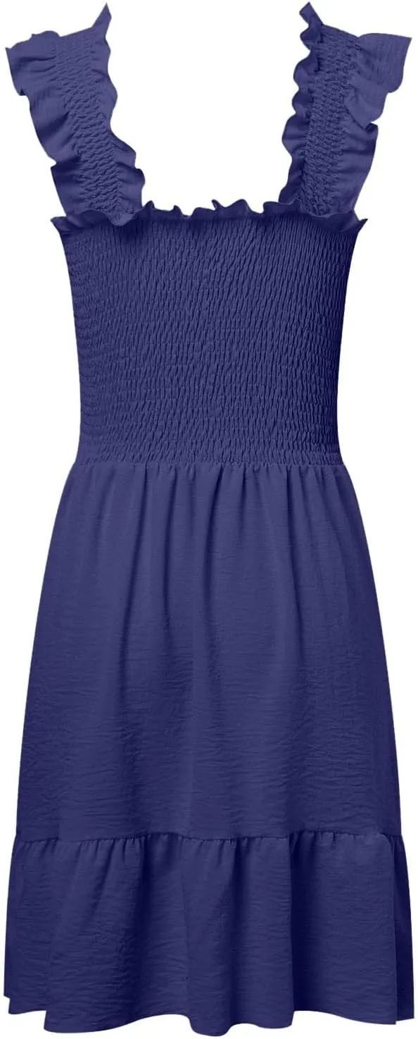 PTOLOCIF Womens Summer Casual Sleeveless Square Neck Smocked Ruffle Backless Boho Short Mini Casual Fall Work Dresses for