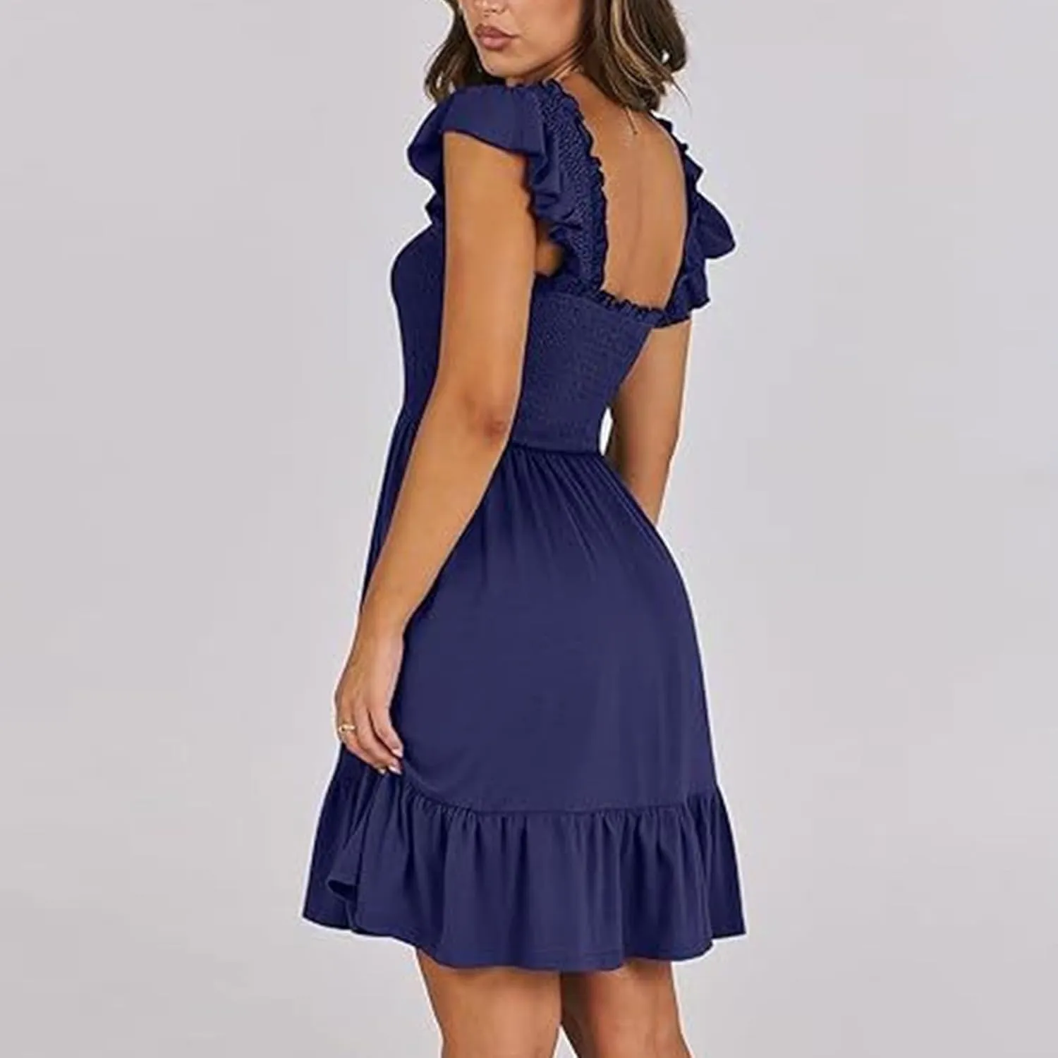 PTOLOCIF Womens Summer Casual Sleeveless Square Neck Smocked Ruffle Backless Boho Short Mini Casual Fall Work Dresses for