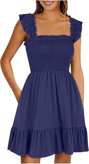 PTOLOCIF Womens Summer Casual Sleeveless Square Neck Smocked Ruffle Backless Boho Short Mini Casual Fall Work Dresses for