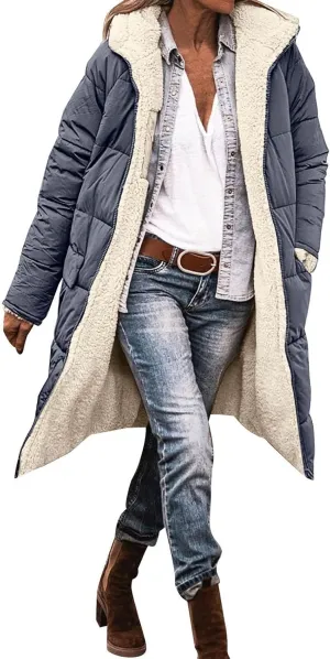 Puffer Coats for Women Winter Warm Fleece Lined Reversible Hooded Down Jackets with Pockets Knee Length Outerwear 2024