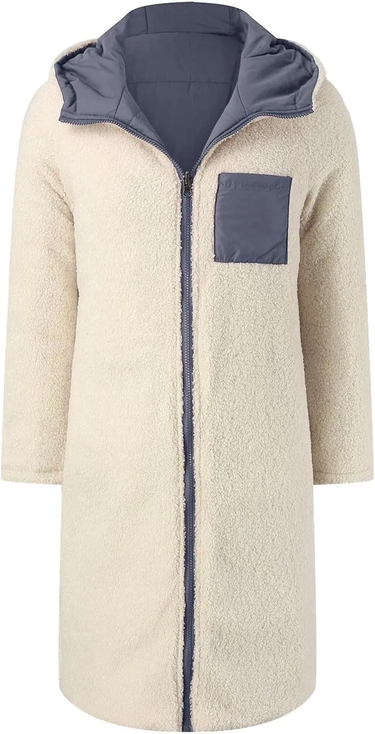Puffer Coats for Women Winter Warm Fleece Lined Reversible Hooded Down Jackets with Pockets Knee Length Outerwear 2024