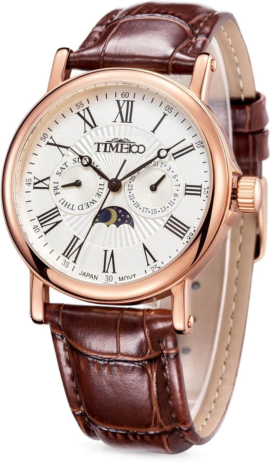 Quartz Watches Men's Wristwatch Moon Phase Day Date Calendar Leather Strap 5ATM Waterproof Dress Japanese Analog Quartz Watches for Men