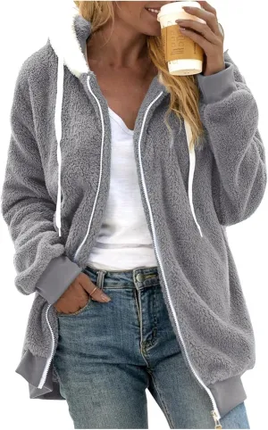 QWENTMTNTY Women Sherpa Lined Fleece Jacket Plus Size Casual Fuzzy Fashion Winter Jackets Lightweight Hooded Faux Fur Coat