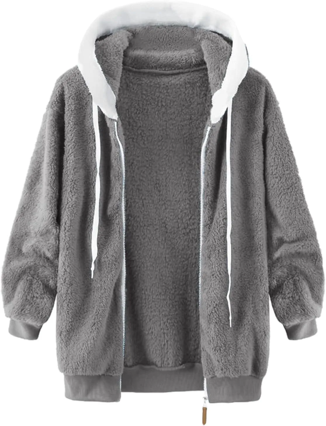 QWENTMTNTY Women Sherpa Lined Fleece Jacket Plus Size Casual Fuzzy Fashion Winter Jackets Lightweight Hooded Faux Fur Coat