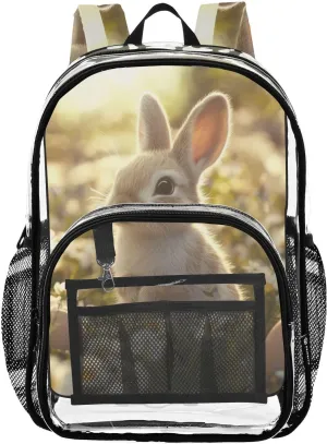 Rabbit Daisy Field Clear Backpack with Back Print, Heavy Duty See Through Backpacks PVC Transparent Daypack for Travel Security