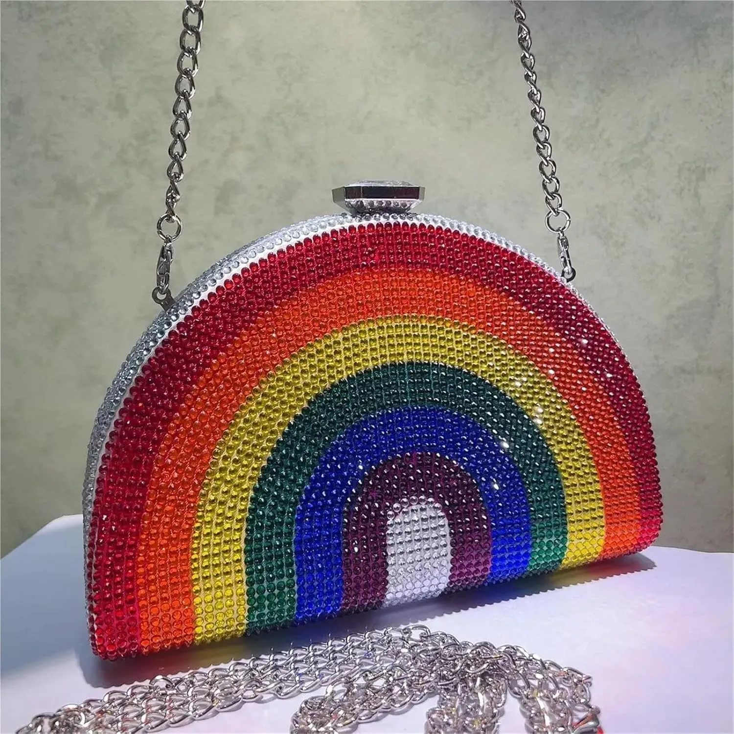 Rainbow Color Crystal Evening Clutch Bags Wedding Party Chain Bag Women Half Moon
