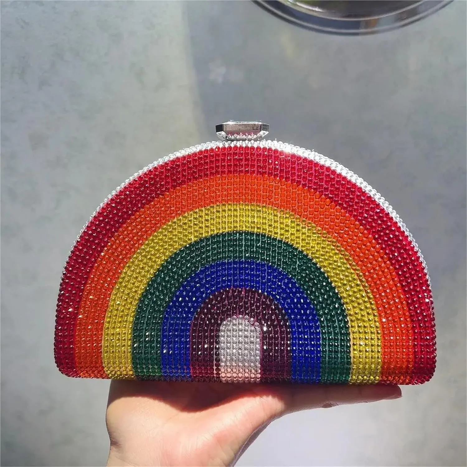 Rainbow Color Crystal Evening Clutch Bags Wedding Party Chain Bag Women Half Moon