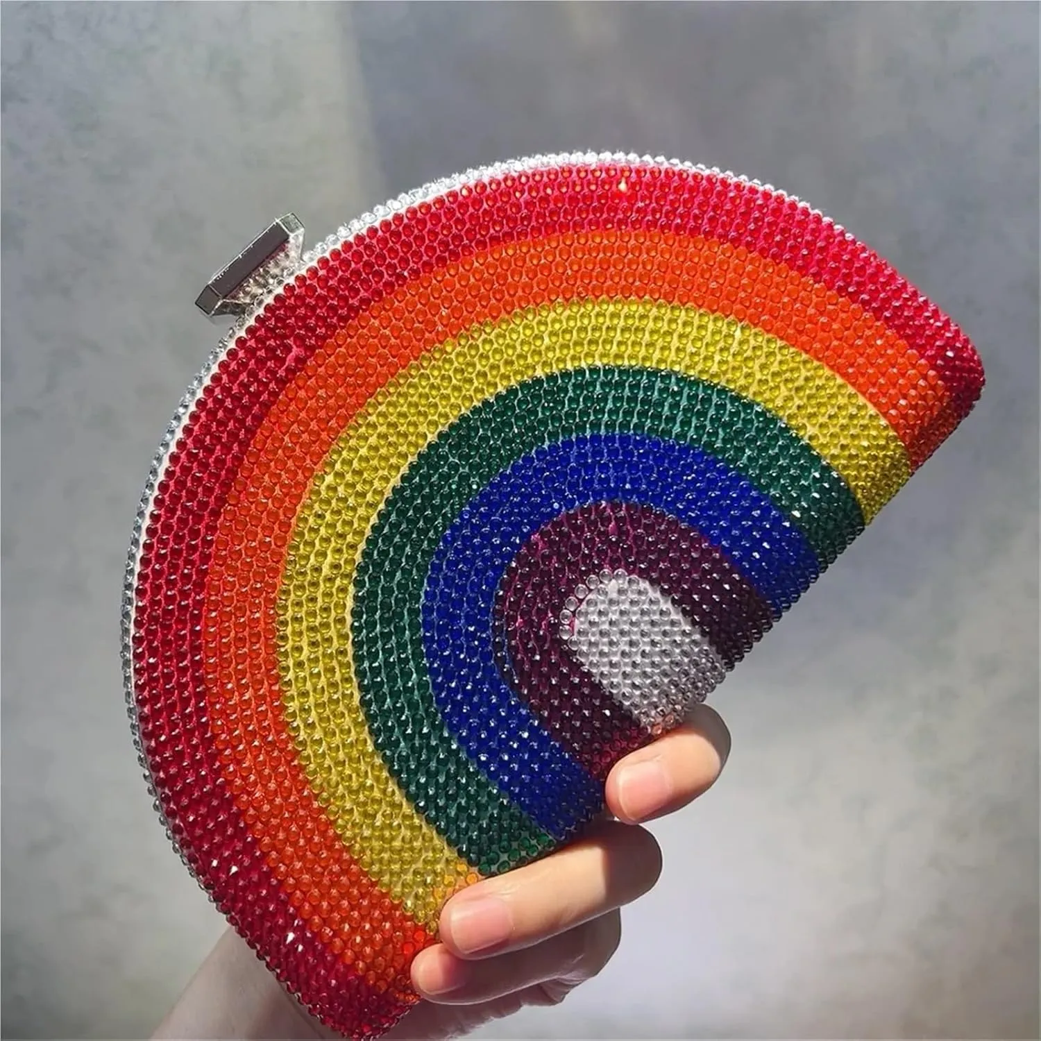Rainbow Color Crystal Evening Clutch Bags Wedding Party Chain Bag Women Half Moon