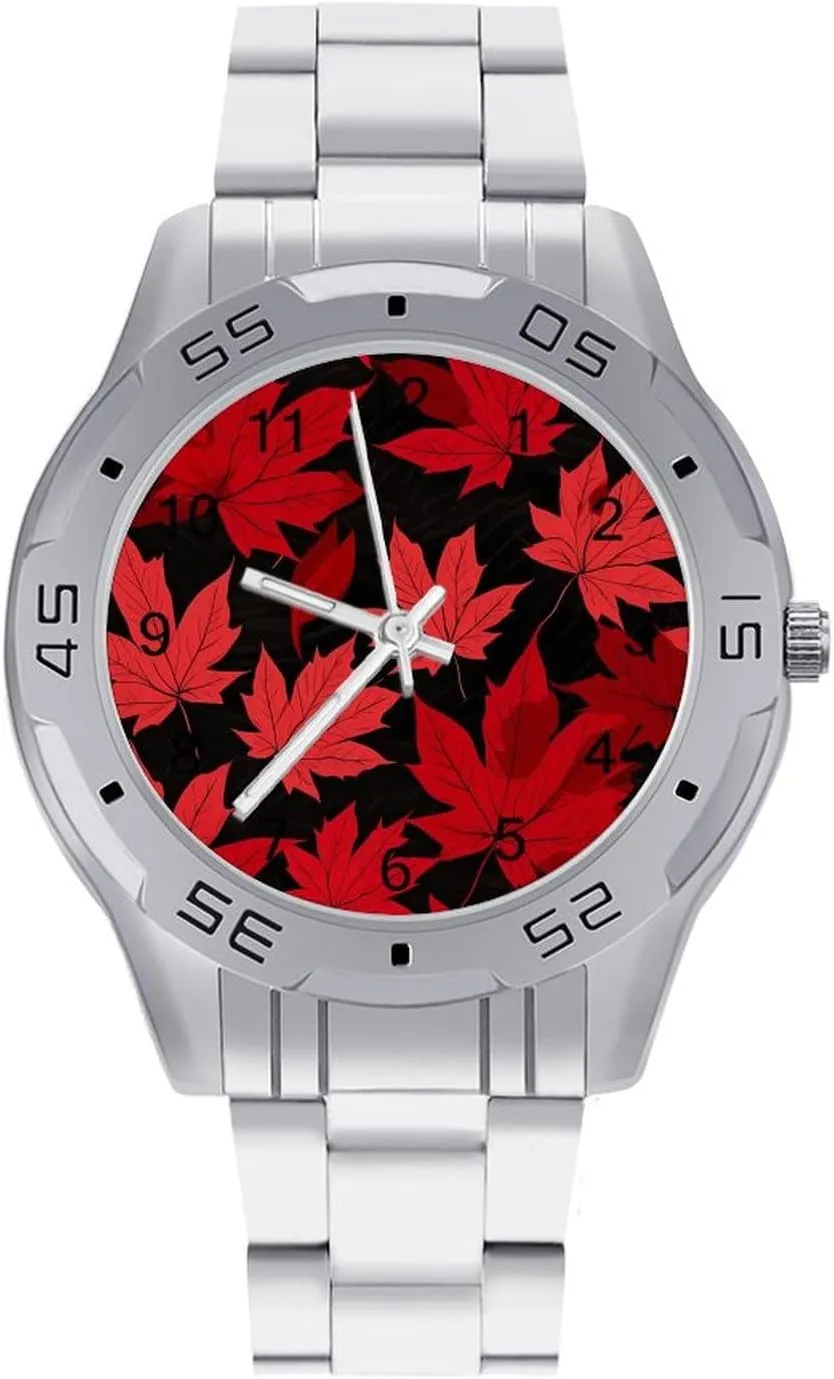 Red Maple Leaves Men's Business Watch Fashion Stainless Steel Wristwatches Custom Easy Read Watches for Women