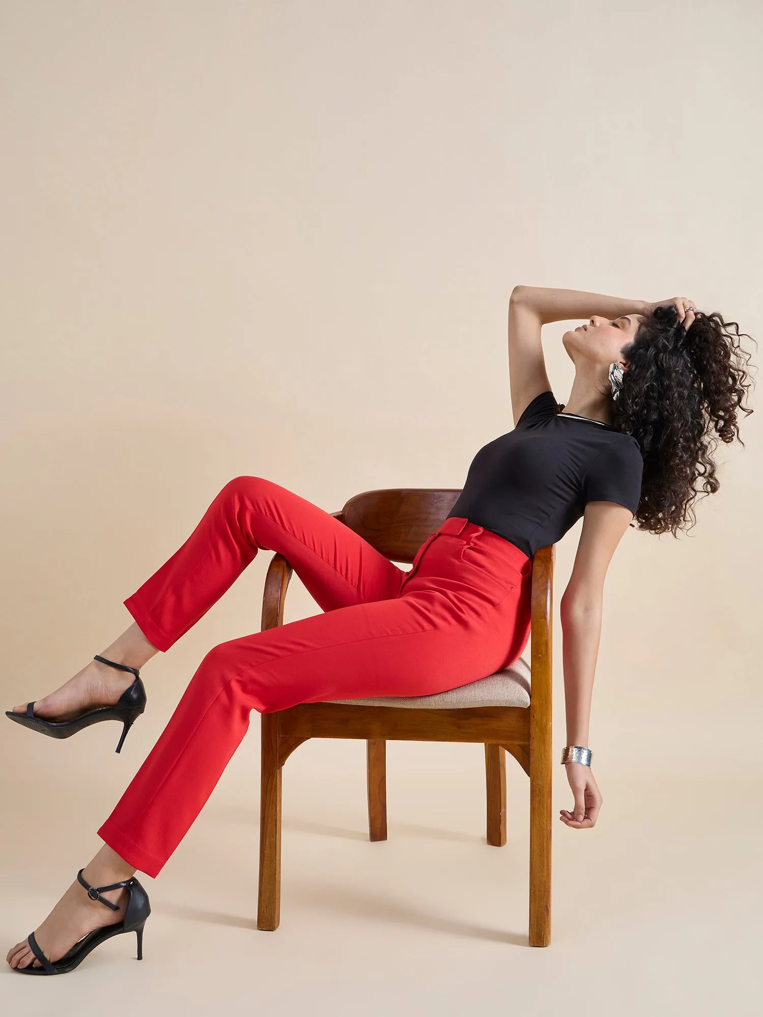 Red Mid Waist Slim Fit Stretch Trouser