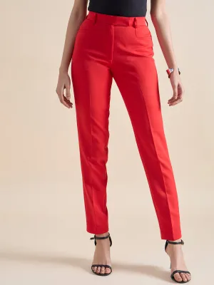 Red Mid Waist Slim Fit Stretch Trouser