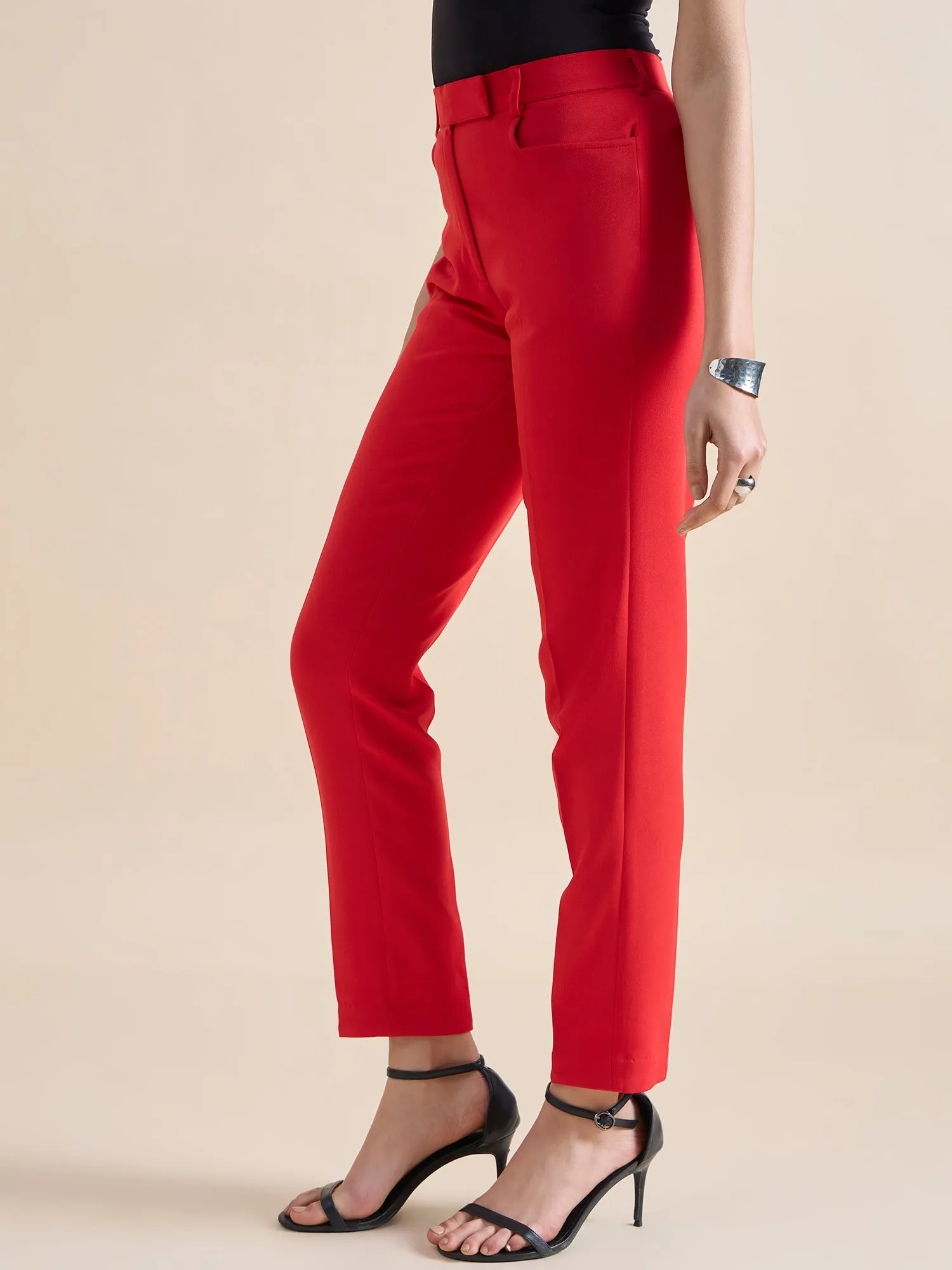 Red Mid Waist Slim Fit Stretch Trouser