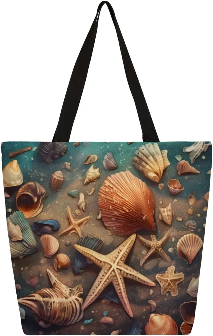 Retro Ocean Starfish Canvas Tote Bag for Women Heavy Duty Canvas Bag Beach Bags Reusable Grocery Shopping Bags Tote Bag Gym Shoulder Bag with Inner Pocket