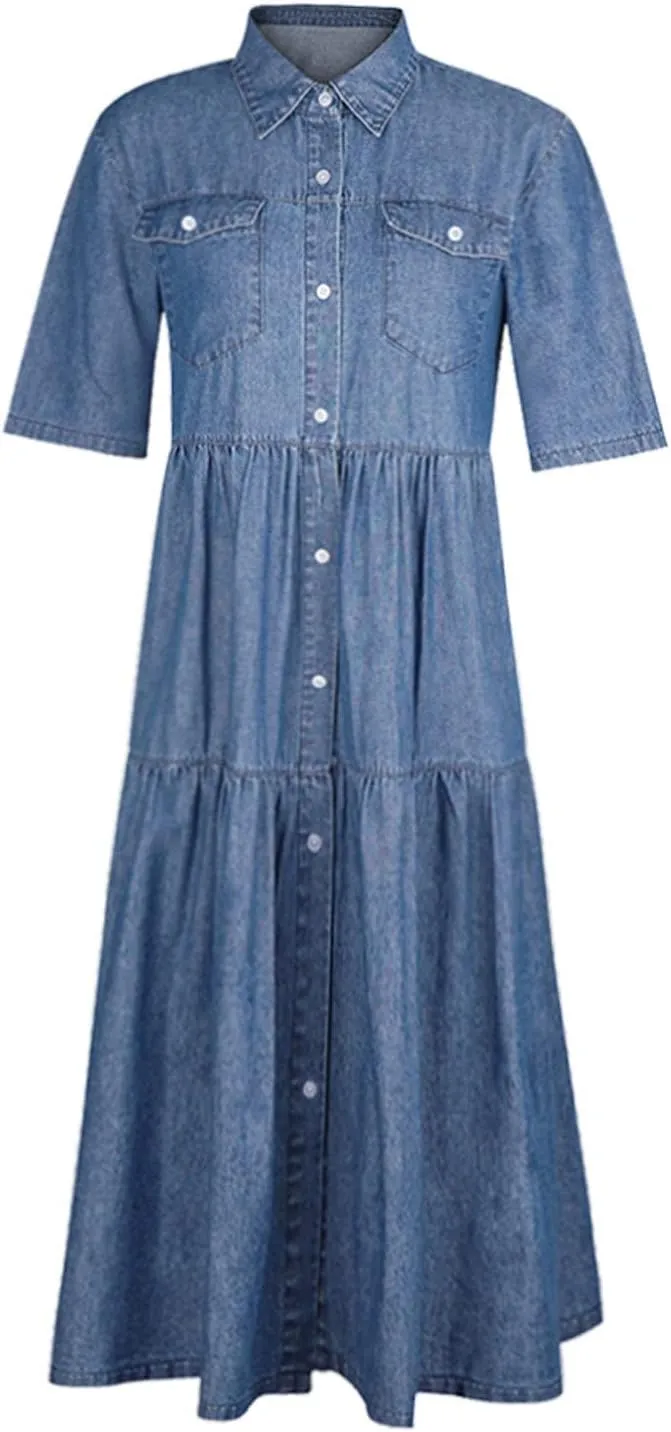RKSTN Summer Dresses for Women Denim Dress Multi Pockets Denim Skirt Multi-Button Maxi Dress Casual Long Dress