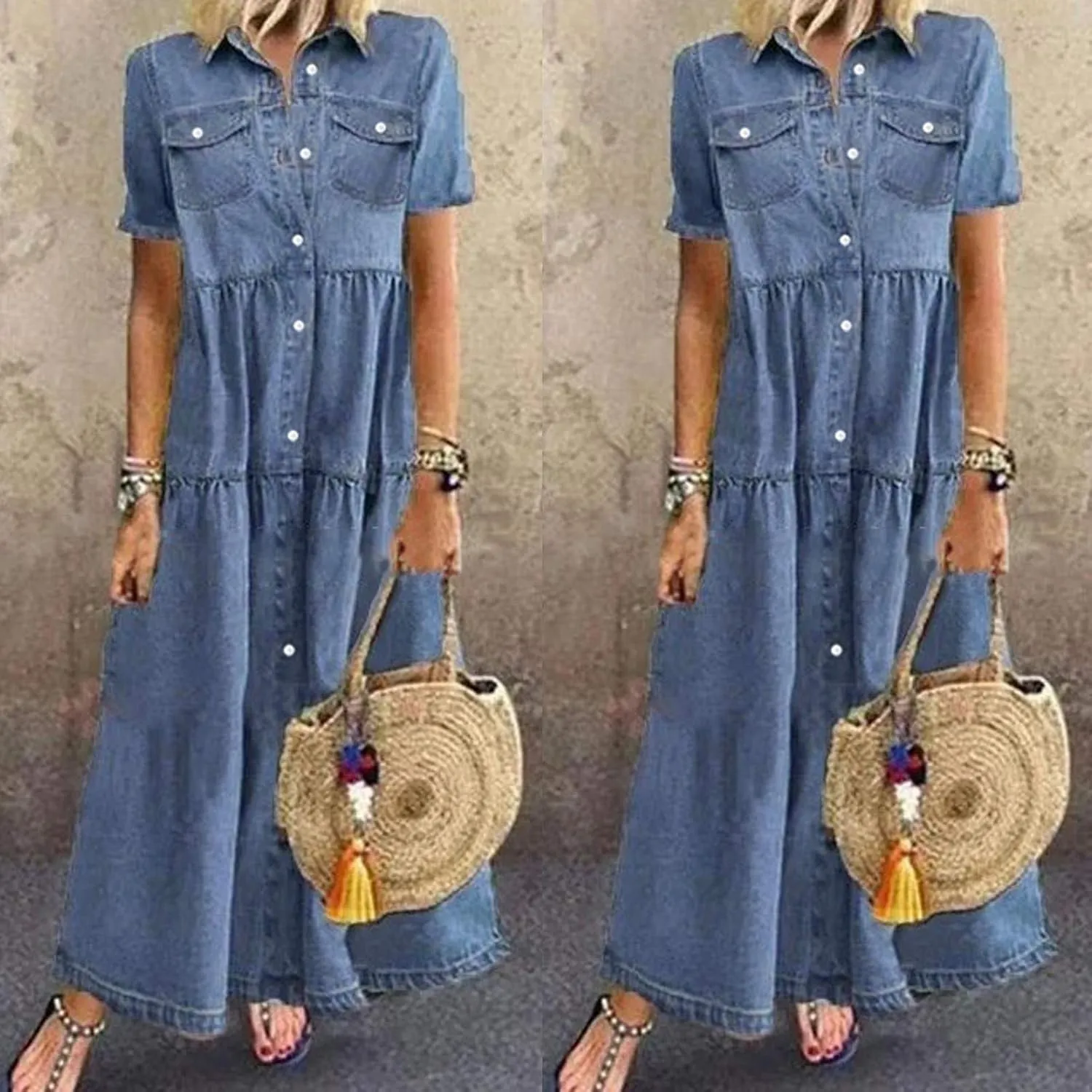 RKSTN Summer Dresses for Women Denim Dress Multi Pockets Denim Skirt Multi-Button Maxi Dress Casual Long Dress