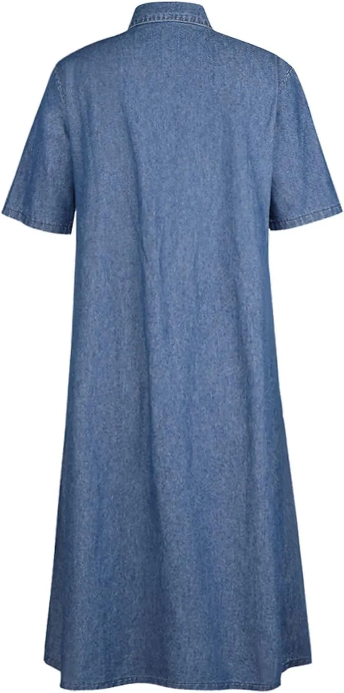 RKSTN Summer Dresses for Women Denim Dress Multi Pockets Denim Skirt Multi-Button Maxi Dress Casual Long Dress