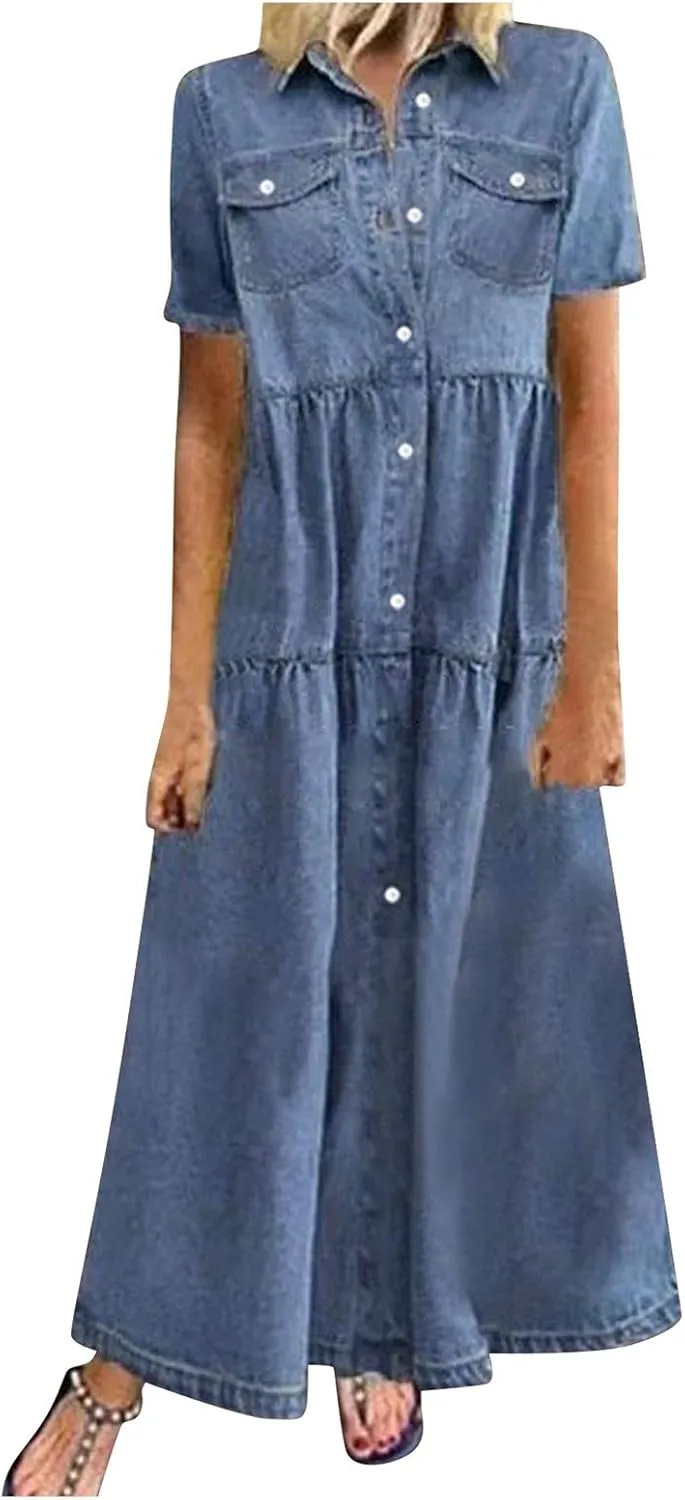 RKSTN Summer Dresses for Women Denim Dress Multi Pockets Denim Skirt Multi-Button Maxi Dress Casual Long Dress