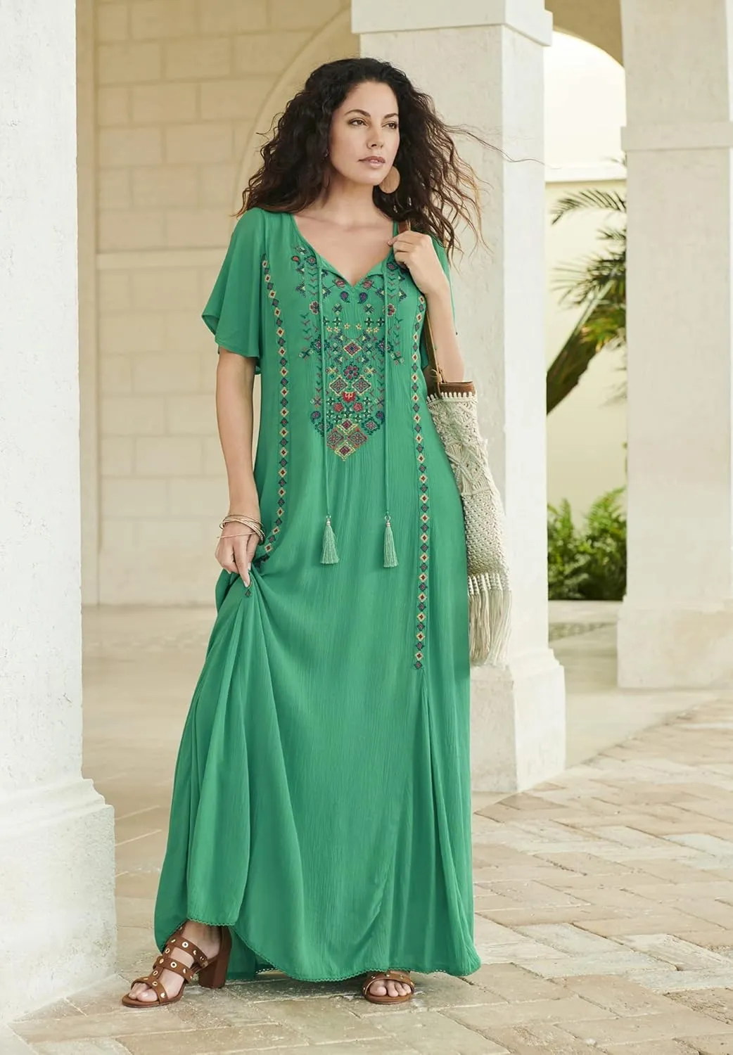 Roaman's Women's Plus Size Aline Embroidered Crinkle Maxi Dress