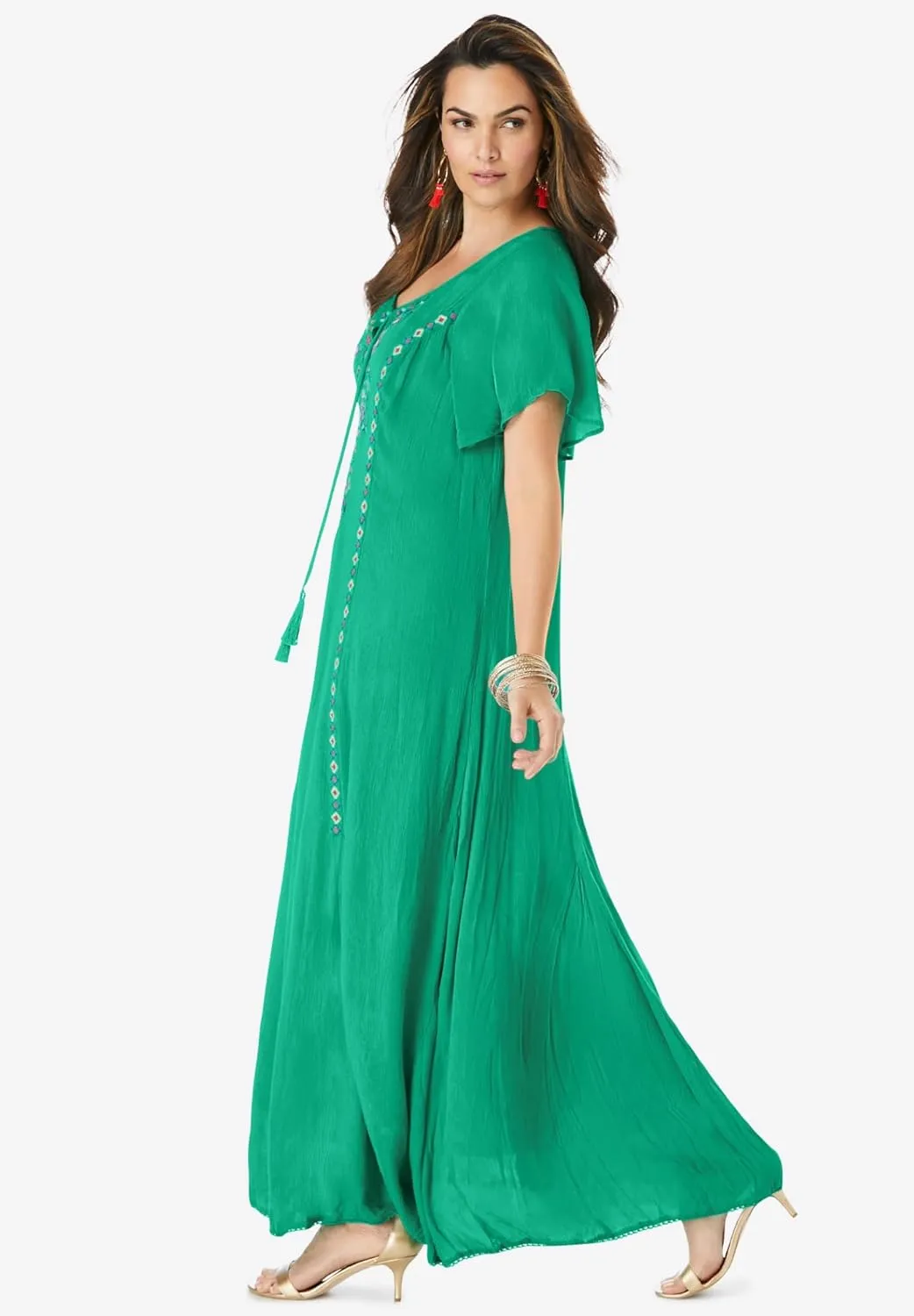 Roaman's Women's Plus Size Aline Embroidered Crinkle Maxi Dress