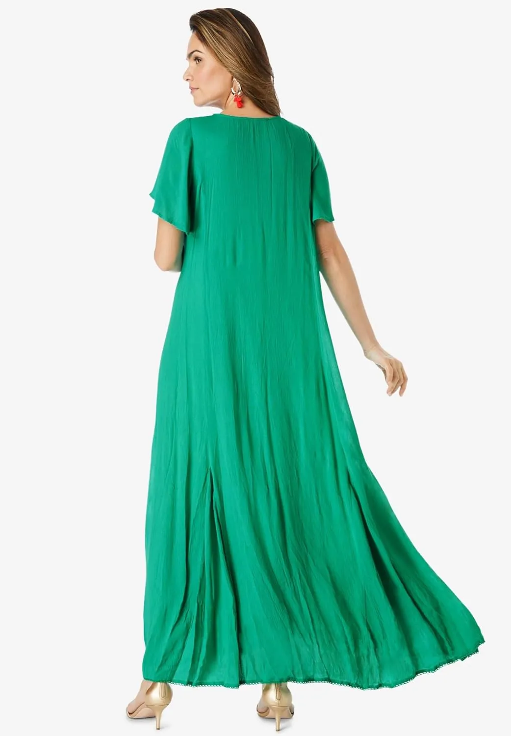Roaman's Women's Plus Size Aline Embroidered Crinkle Maxi Dress
