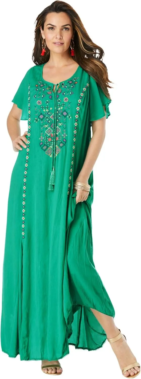 Roaman's Women's Plus Size Aline Embroidered Crinkle Maxi Dress