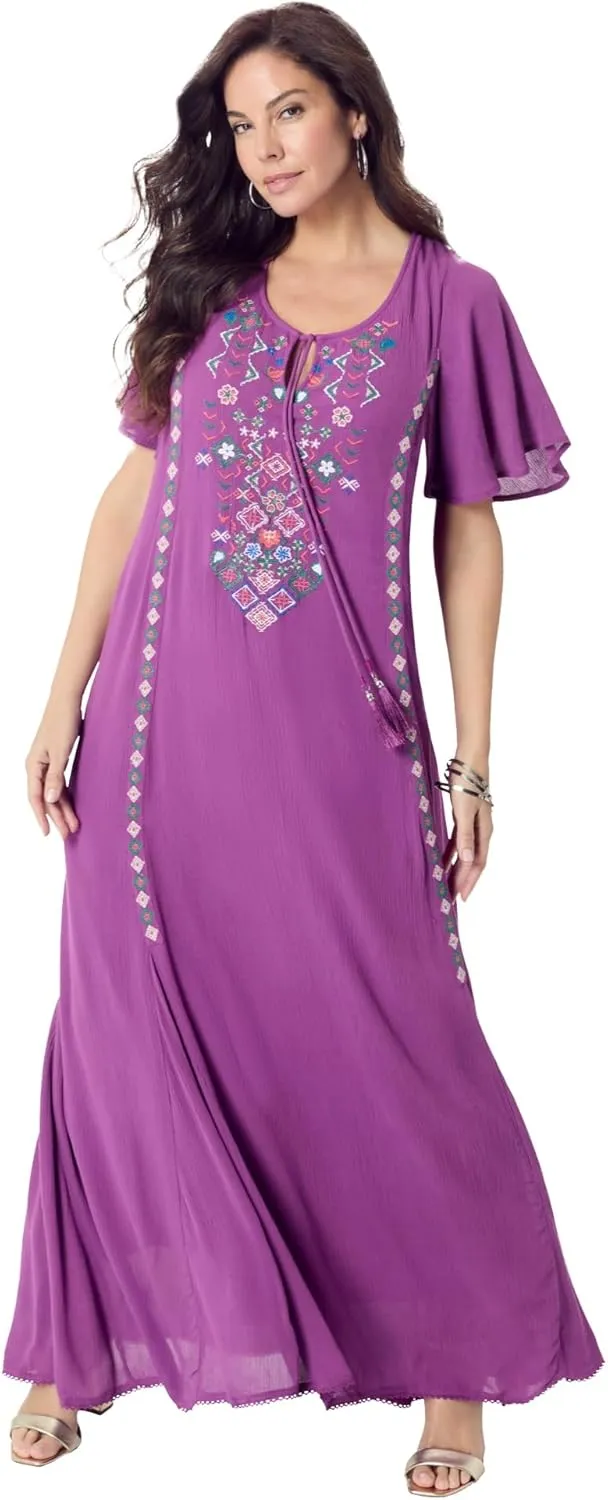 Roaman's Women's Plus Size Aline Embroidered Crinkle Maxi Dress