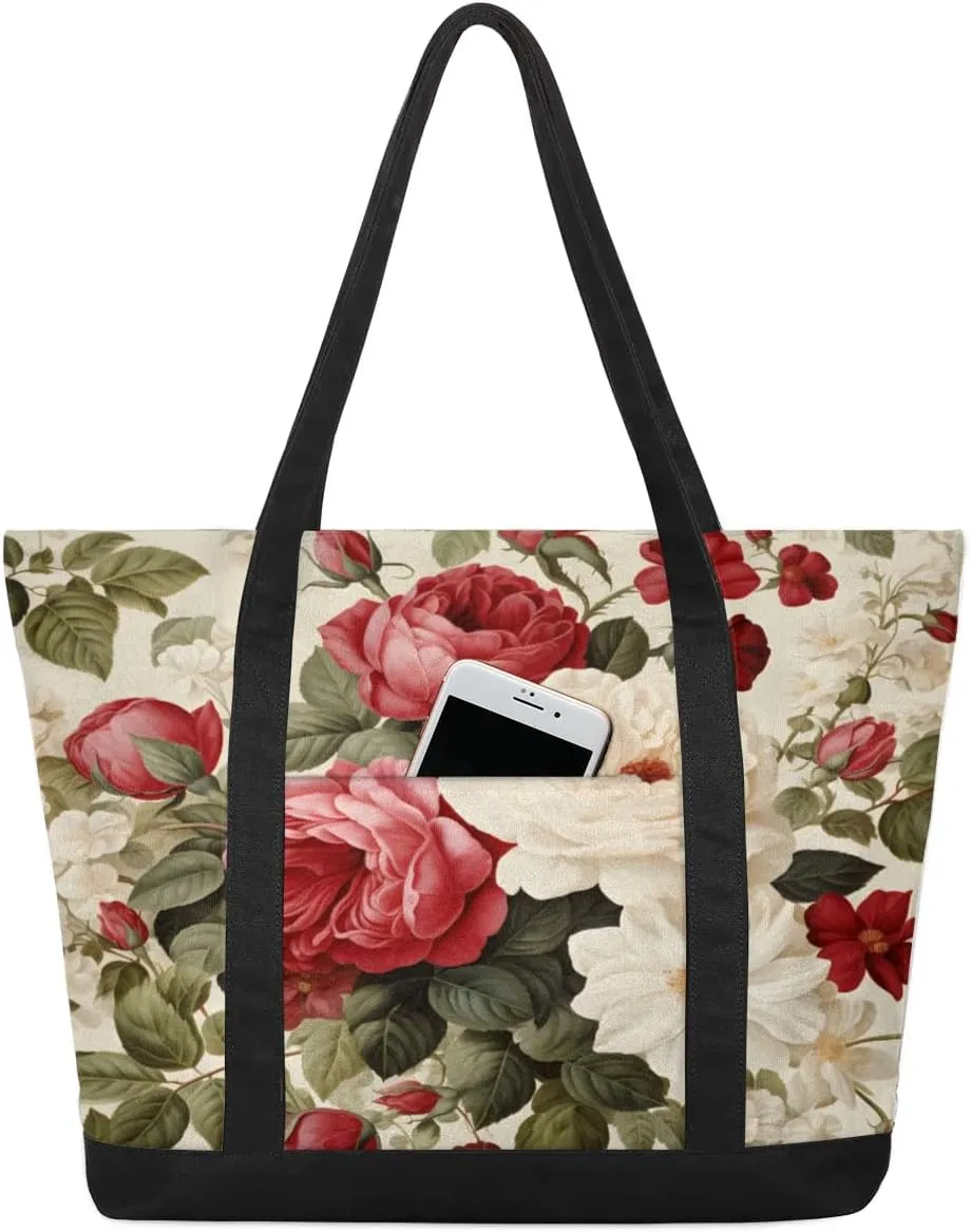 Rose Flowers Tote Bag for Women Work Canvas Travel Tote Bags with Zipper Large Capacity Casual Handbag with Inner Pockets Reusable Shopping Shoulder Bag for Teacher Nurse