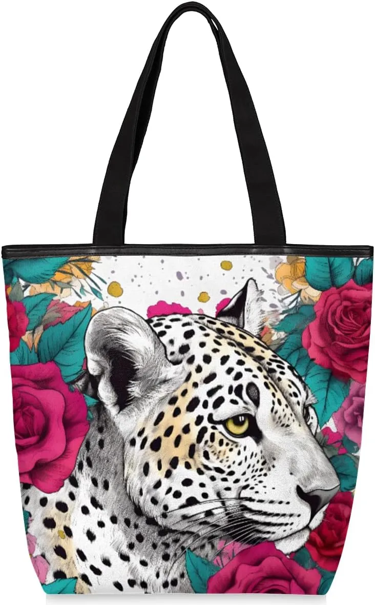 Rose Leopard Canvas Tote Bag for Women Large Tote Bag with Zipper & Pockets Canvas Beach Bag Shoulder Bag Reusable Shopping Bags Cute Tote Bags for Work Travel