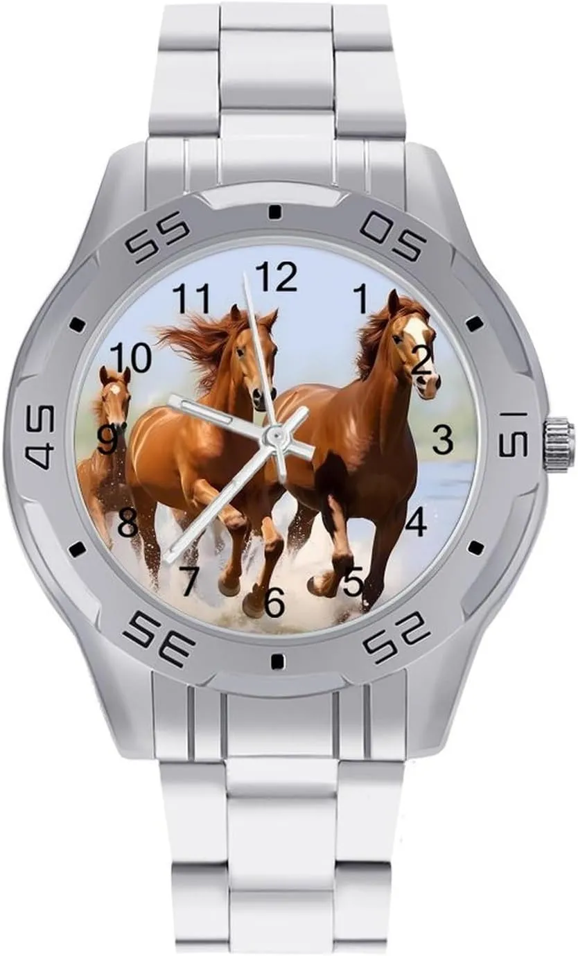 Running Horses Men's Business Watch Fashion Stainless Steel Wristwatches Custom Easy Read Watches for Women