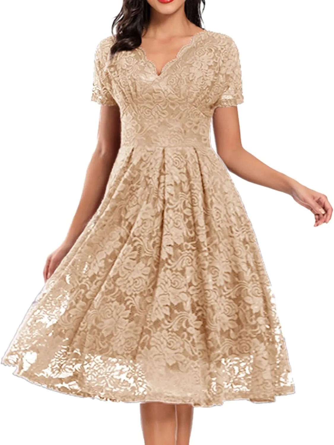 Rvidbe Lace Dress for Women Short Sleeve V Neck Empire Waist A-Line Midi Dresses Wedding Bridesmaid Party Evening Dresses