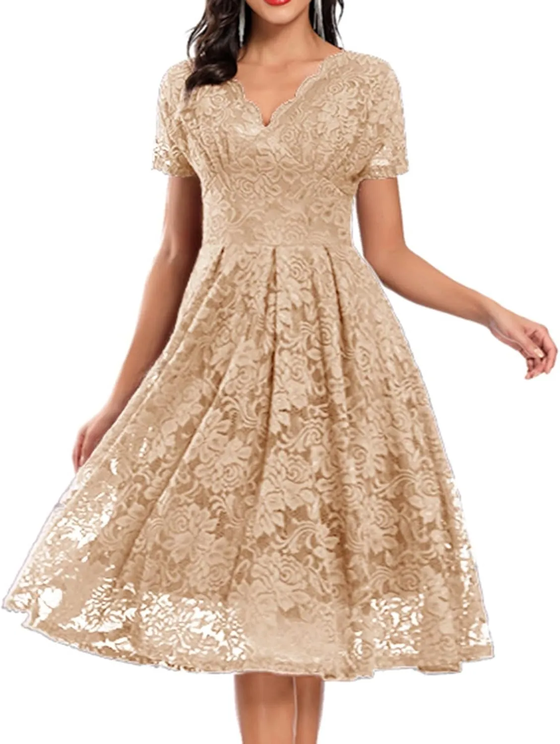 Rvidbe Lace Dress for Women Short Sleeve V Neck Empire Waist A-Line Midi Dresses Wedding Bridesmaid Party Evening Dresses
