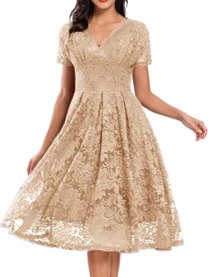 Rvidbe Lace Dress for Women Short Sleeve V Neck Empire Waist A-Line Midi Dresses Wedding Bridesmaid Party Evening Dresses