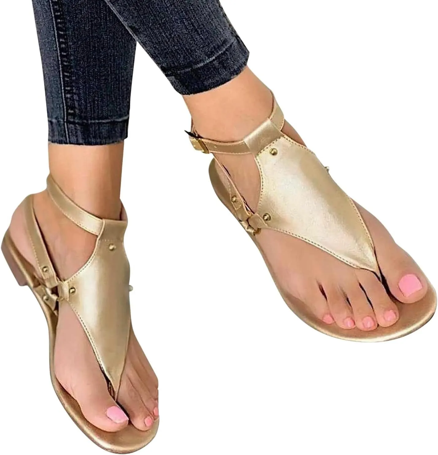 Sandals for Women Dressy Summer Thong Flip Flops Comfortable Ankle Strap Strappy Flat Beach Open Toe Buckle Casual Retro Gladiator Sandals with Adjustable Leather Slip On Slides Shoes