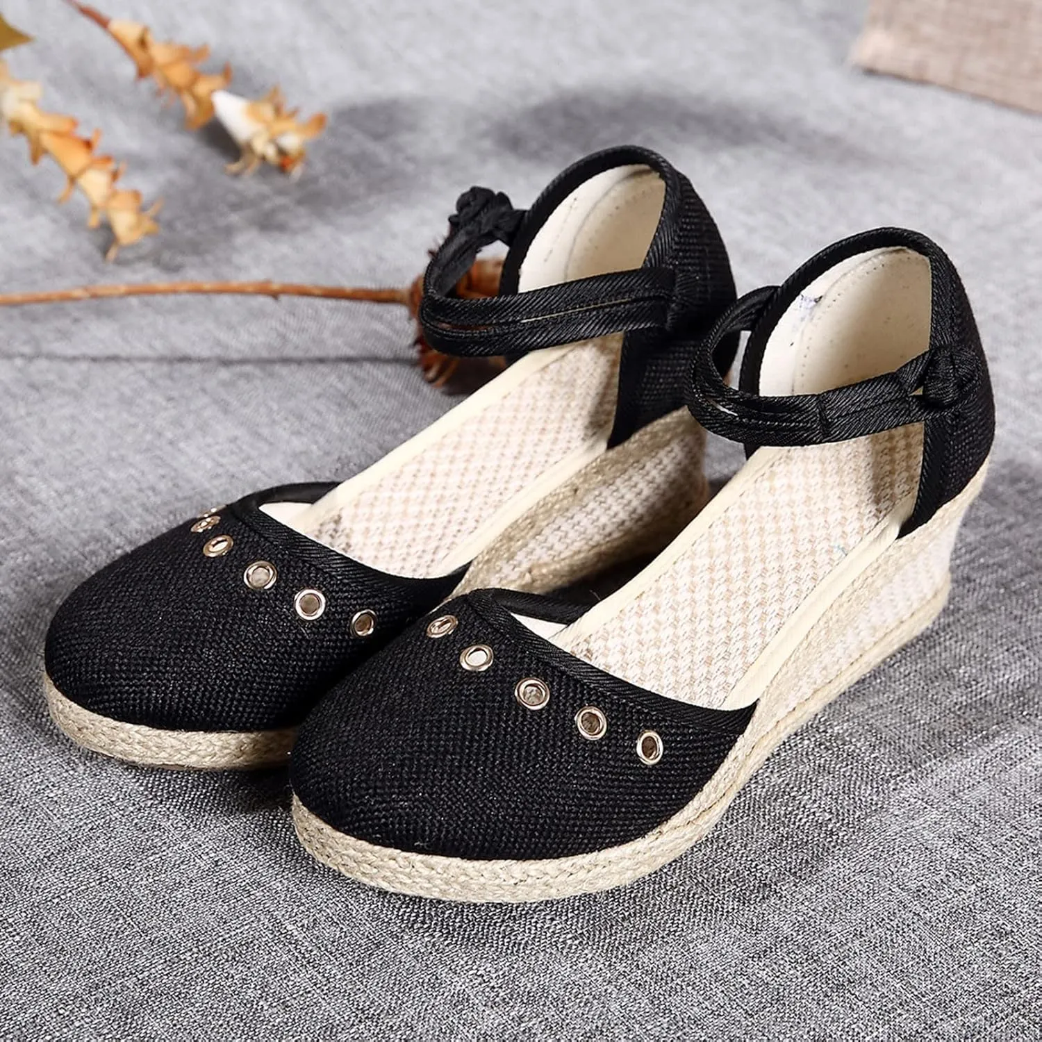Sandals for Women Dressy Summer, Women's Ankle Strap Closed Toe Espadrille Wedge Platform Casual Shoes Heels Sandals, 2025 Retro Wedges Summer Espadrilles Canvas Elastic