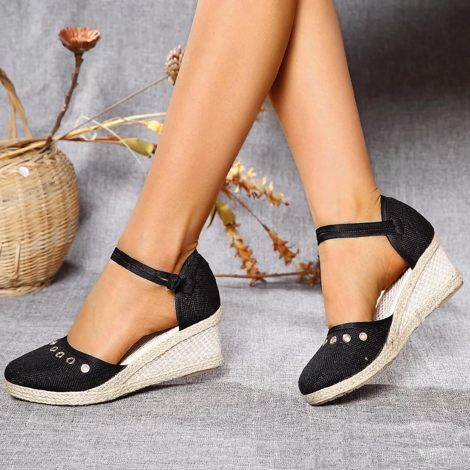 Sandals for Women Dressy Summer, Women's Ankle Strap Closed Toe Espadrille Wedge Platform Casual Shoes Heels Sandals, 2025 Retro Wedges Summer Espadrilles Canvas Elastic