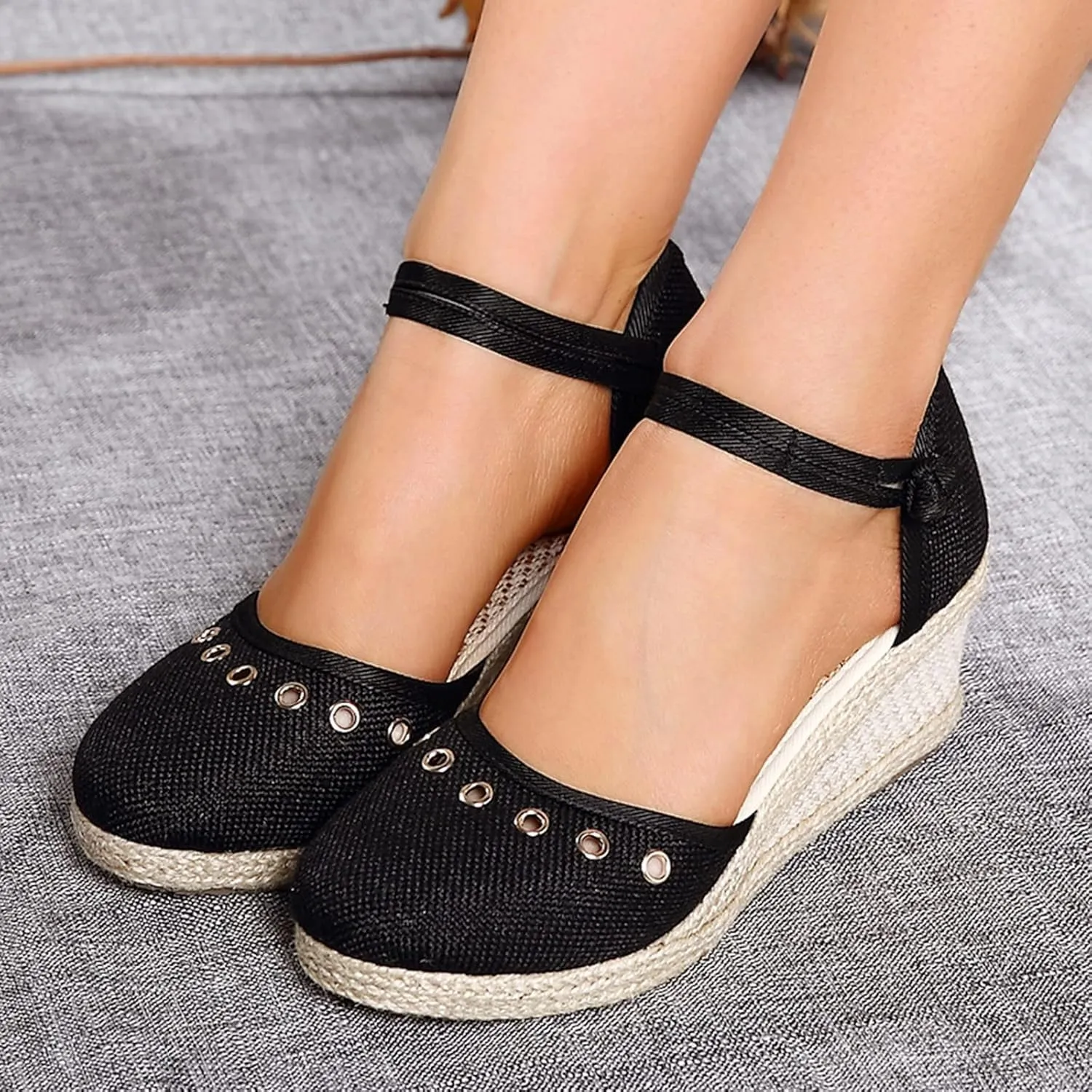 Sandals for Women Dressy Summer, Women's Ankle Strap Closed Toe Espadrille Wedge Platform Casual Shoes Heels Sandals, 2025 Retro Wedges Summer Espadrilles Canvas Elastic