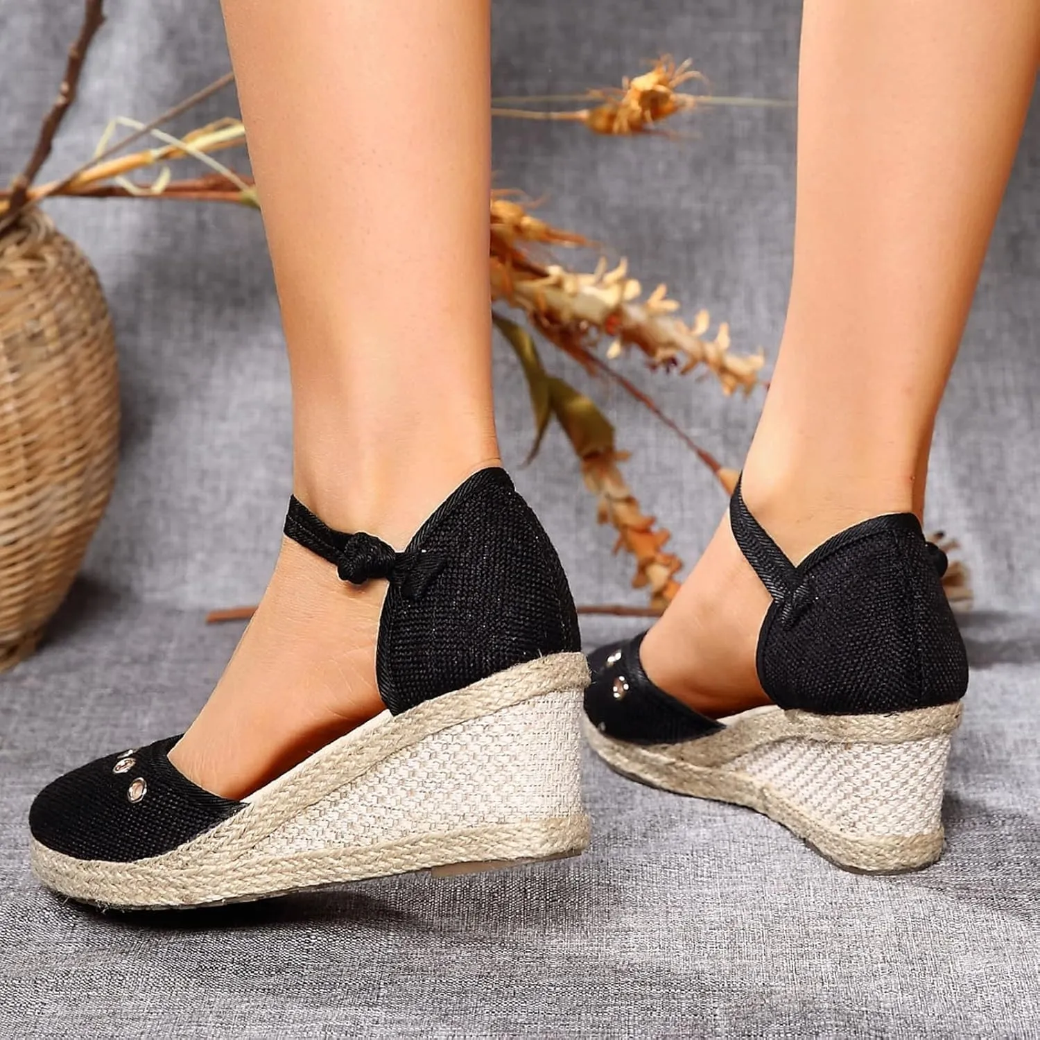 Sandals for Women Dressy Summer, Women's Ankle Strap Closed Toe Espadrille Wedge Platform Casual Shoes Heels Sandals, 2025 Retro Wedges Summer Espadrilles Canvas Elastic
