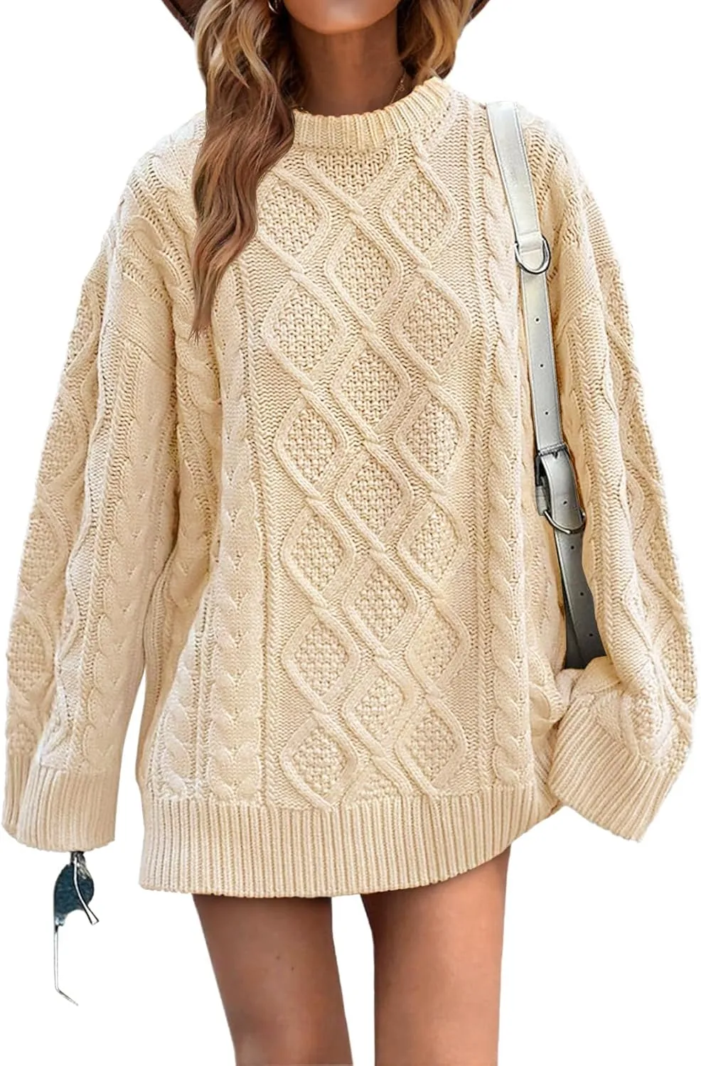 Saodimallsu Womens Oversized Sweaters Cable Knit Chunky Crew Neck Long Sleeve Loose Tunic Pullover Sweater