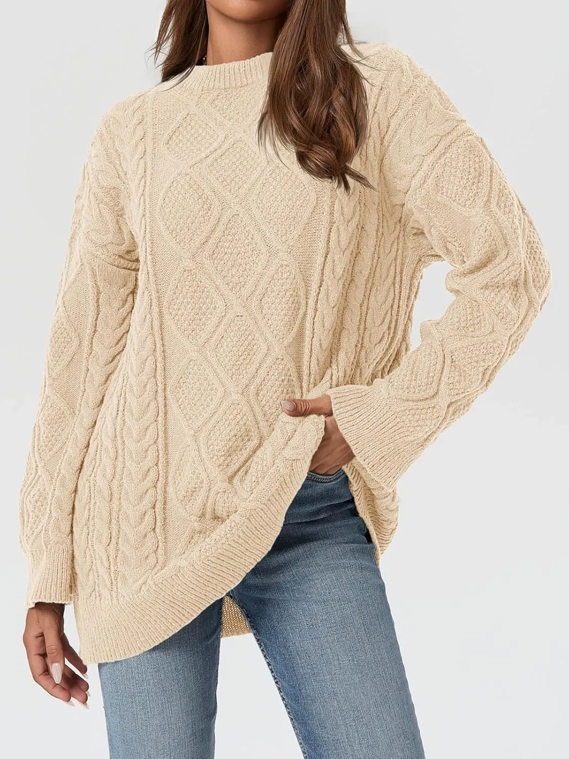 Saodimallsu Womens Oversized Sweaters Cable Knit Chunky Crew Neck Long Sleeve Loose Tunic Pullover Sweater