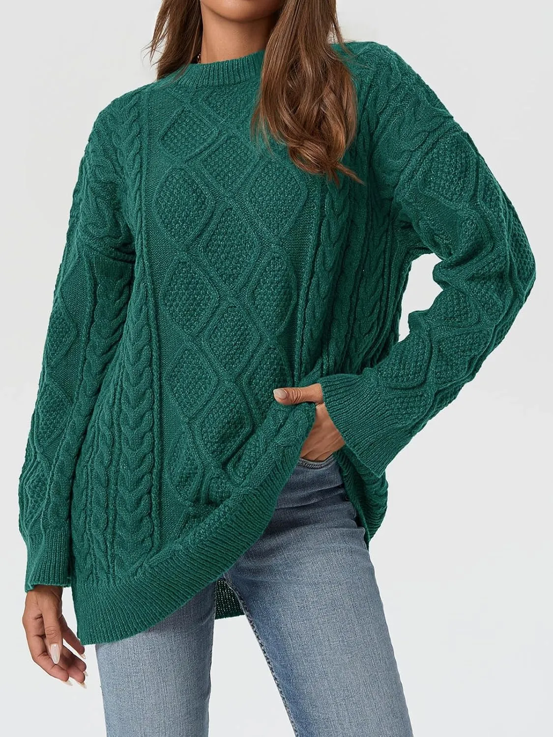 Saodimallsu Womens Oversized Sweaters Cable Knit Chunky Crew Neck Long Sleeve Loose Tunic Pullover Sweater