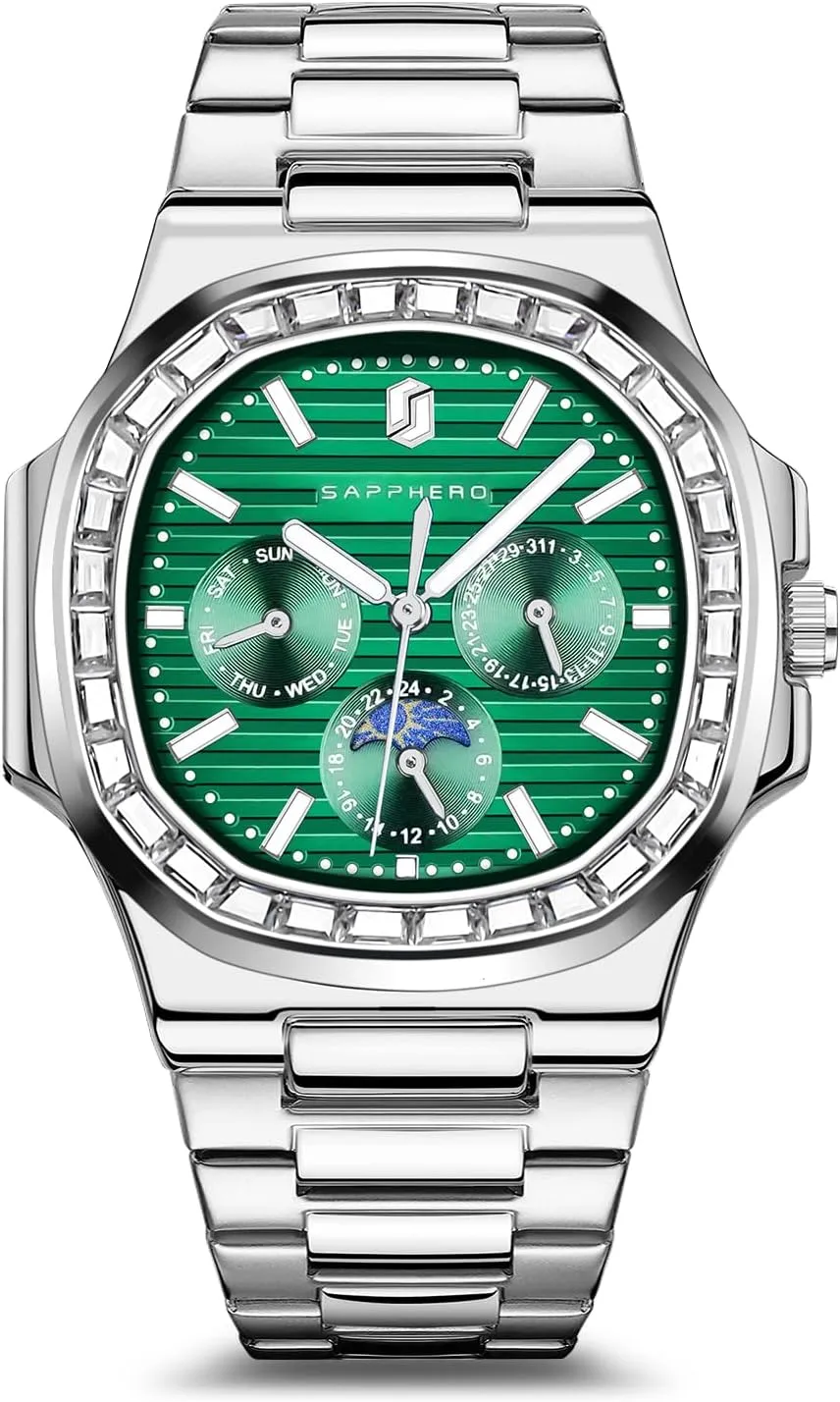 SAPPHERO Men's Analog Quartz Watch - Waterproof Diamond Wristwatch With Date Display, Stainless Steel Band - Casual Luxury Dress Watch, Unique Gift for Men