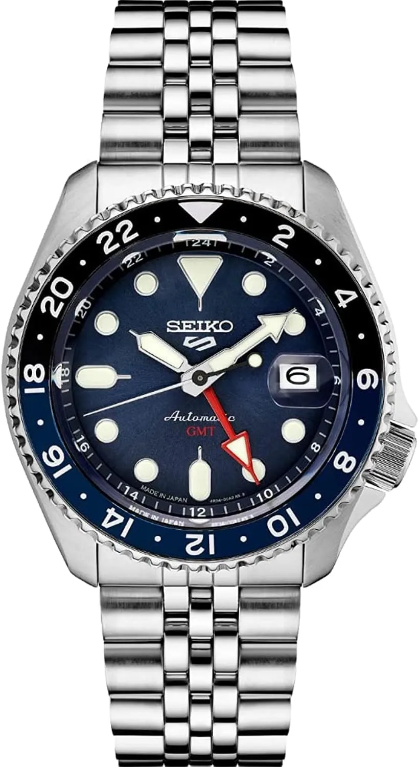 Seiko SSK003 Automatic Watch for Men - 5 -Sports - Blue Dial with Date Calendar and Luminous Hands & Markers and Black & Blue GMT Bezel, 100m Water-Resistant