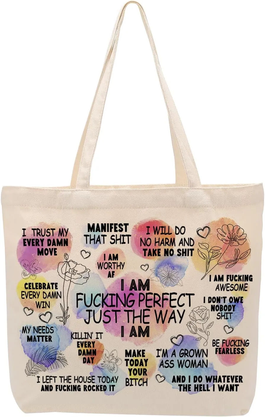 Self Love Daily Affirmations for Women, Inspirational Mom Teacher Nurse Christian Gifts Canvas Tote Bag with Pocket