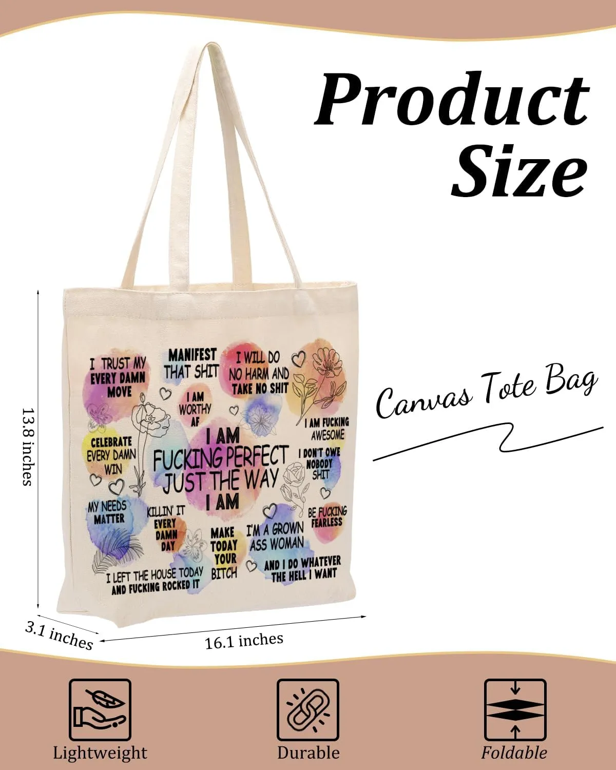 Self Love Daily Affirmations for Women, Inspirational Mom Teacher Nurse Christian Gifts Canvas Tote Bag with Pocket
