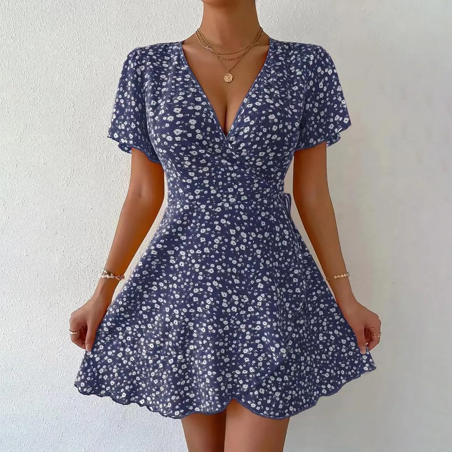 Sexy Dresses for Women V Neck Short Sleeve Casual Short Summer Dresses Boho Ruffle Tie Waist Flowy Floral Mini Dress