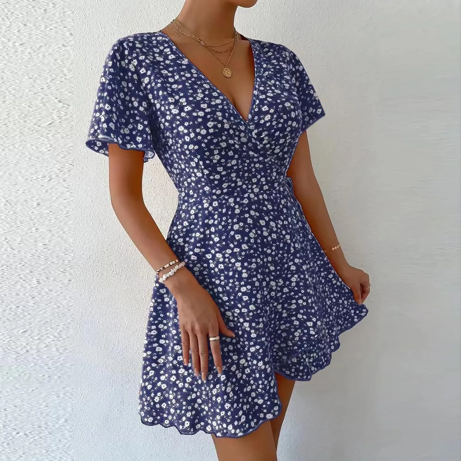 Sexy Dresses for Women V Neck Short Sleeve Casual Short Summer Dresses Boho Ruffle Tie Waist Flowy Floral Mini Dress