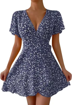 Sexy Dresses for Women V Neck Short Sleeve Casual Short Summer Dresses Boho Ruffle Tie Waist Flowy Floral Mini Dress