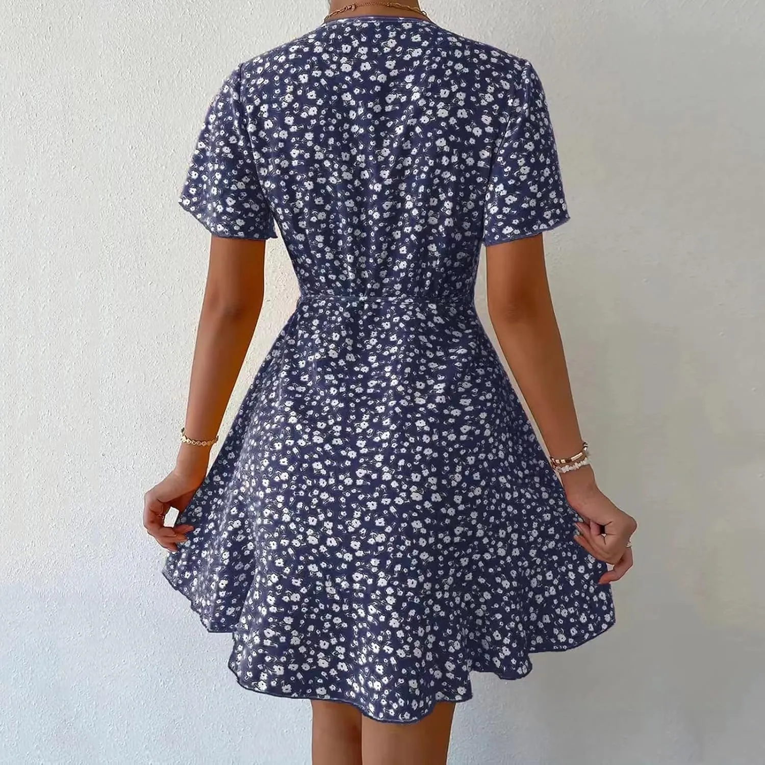 Sexy Dresses for Women V Neck Short Sleeve Casual Short Summer Dresses Boho Ruffle Tie Waist Flowy Floral Mini Dress